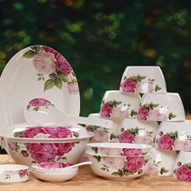 嘉兰中式唐山骨瓷组合碗盘,蔷薇花釉上彩碗具套装,型号: 粉墨人生