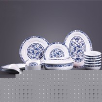 红叶居家陶瓷56头碗具套装,100517中式釉中彩餐具,青花瓷餐具
