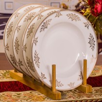 红牡丹8英寸汤盘,唐山骨瓷餐具套装黄金镶边,釉上彩圆形陶瓷碟