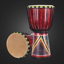 佳慕红棕色圆形非洲鼓,桃花心木雕花山羊皮鼓,手工雕制初学者练习鼓