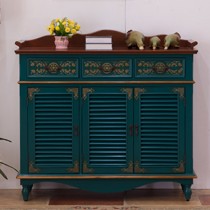 美式乡村桦木复古怀旧鞋柜,欧卫司XG86型孔雀绿描金雕花鞋柜