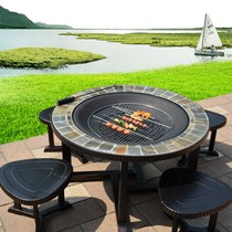 藤佳居圆形户外休闲桌椅,铸铝可拆装烧烤炉桌椅,复古铁艺烤台套件组合