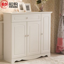 门厅玄关柜带抽设计,和购现代简约鞋柜HG08,三门实木柜象牙白多储物