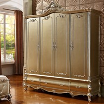 百佳惠F9香槟色衣柜,平开门别墅衣柜,雕花描银四门衣柜