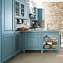 积美思享一字形蓝色整体橱柜,仿古地中海实木整体橱柜定制,型号JMSQ001