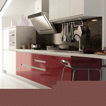 都市魅影炫红色整体橱柜,易清洁石英石金牌橱柜台面,现代平滑复合板橱柜