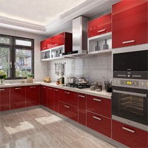 佰丽爱家L型中国红整体橱柜,多色环保定制厨房橱柜,型号: 韩国安康板系列