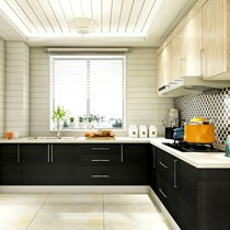 柏优实用整体厨房定制,L型黑色橱柜组合,黑白马赛克瓷砖贴图