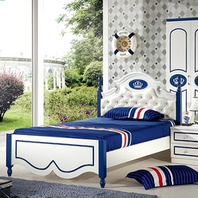 罗马柱蓝色单人儿童床