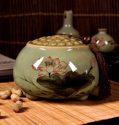 多功能手绘荷花茶叶罐摆件