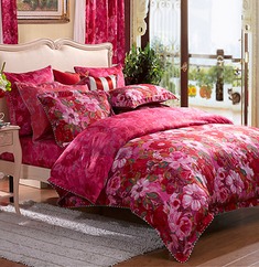 红色印花贡缎婚庆家纺