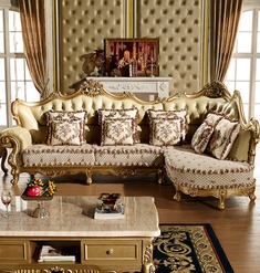 实木雕花真皮转角沙发