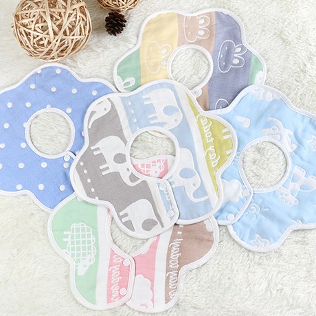 慕童创意花朵口水巾宝宝用品，360度旋转围嘴，纯棉防水新生儿围兜