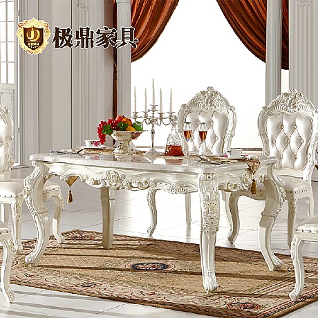 极鼎家具欧式奢华实木餐桌，纯白色精美雕花系列，长方形大理石台面型号: JD-903