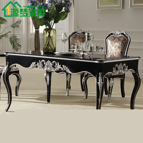 源梦家具品牌黑色描银饭桌，复古组装雕花餐桌椅，型号: ymopf-009