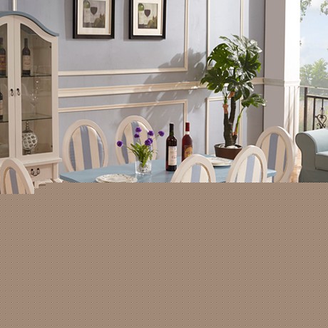 环友六人位长形餐桌，地中海实木餐桌，蓝白条纹桦木长桌