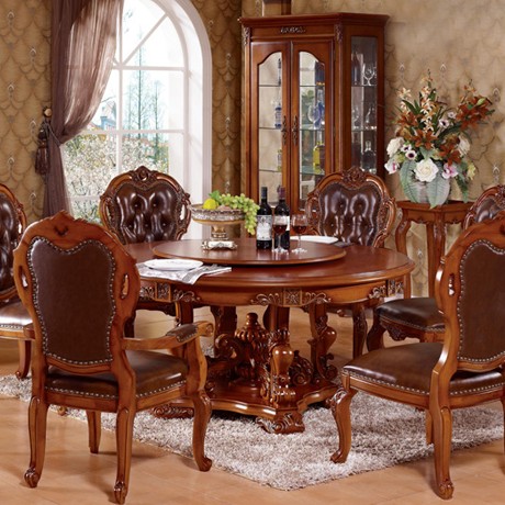 卫诗理欧式实木餐桌，70060A2橡木雕花棕色圆桌，餐厅圆形旋转桌子
