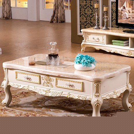 永旭天然大理石茶几，长方形橡木茶桌，描金雕花实木茶几型号: 210