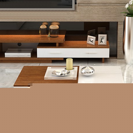 美巢氏可伸缩木纹茶几，米黄色环保烤漆茶桌，3C02长方形储物茶几