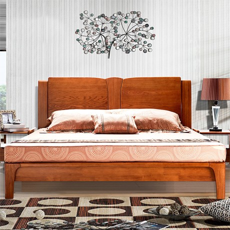 光明家具中式双人床，一米八实木卧室床，简约红橡木箱体床118-15206-185