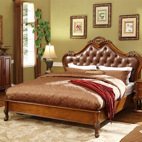 1.8m广兰美式双人床，精美雕花复古实木床，HX0969真皮靠背婚床