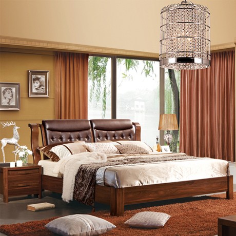 新中式1.8米双人婚床，自由巢储物高箱大床，实木床W9108真皮床头