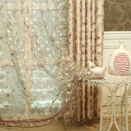 一米精美穿杆式可定制窗帘，欧式田园鸟巢纱绣花纱帘，型号:蒂罗米亚