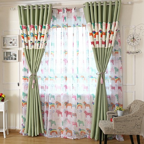 烟花梦幻童年儿童房落地窗帘，彩色卡通小马印花图案，百分百环保遮光面料