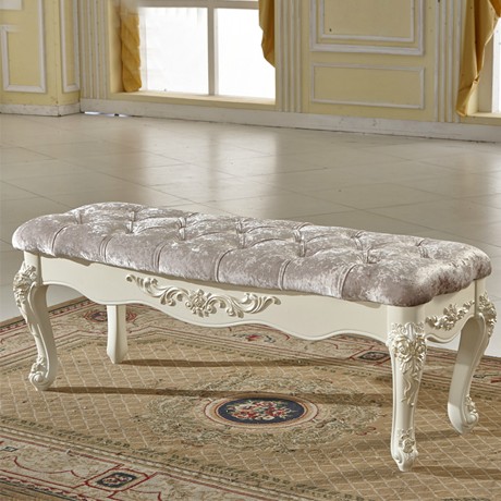 康诺威牌欧式雕花床尾凳，KN955型橡胶木床尾凳，凳面优质冰绒布料