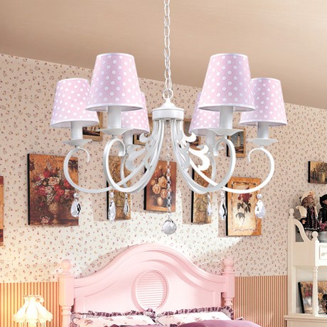 韩式田园糖果公主卧室吊灯，六头粉色布艺灯罩TG-D335型号灯饰，K9水晶吊坠儿童房吊灯