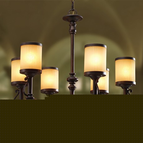 美然灯饰客厅卧室仿古铁艺灯，条纹磨砂玻璃拉丝吊灯，型号：M1002-6HA