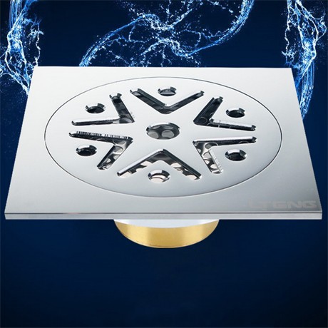 全铜弹性防臭地漏，六芒星设计方形排水器，镀铬工艺防臭防返味地漏