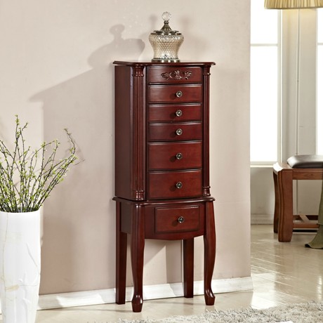 弘韵轩胡桃色卧室七斗柜，手工雕花华贵典雅，珠宝首饰储物柜带装饰镜