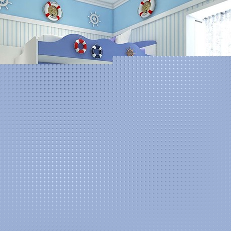 伊百丽上下榻榻米儿童床定制，蓝色地中海男孩房全屋定制，地台飘窗组合