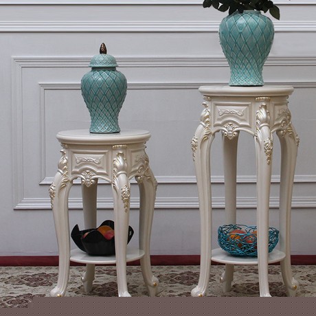 风采人家欧式描金白色花架，HJ15圆形双层花瓶架子，立体雕花曲线型花架