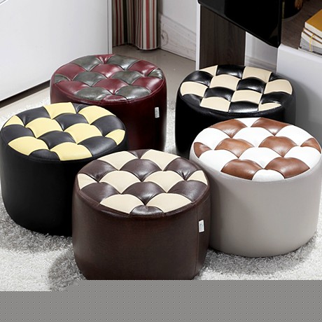 御唐轩经典方格皮凳，现代简约风圆形换鞋凳，人造板换鞋凳DX108