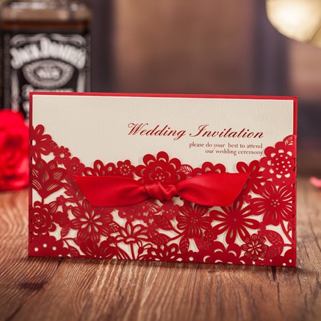 戏法空间中国红雕花信封请帖，欧式艺术创意结婚喜帖，货号: 0027