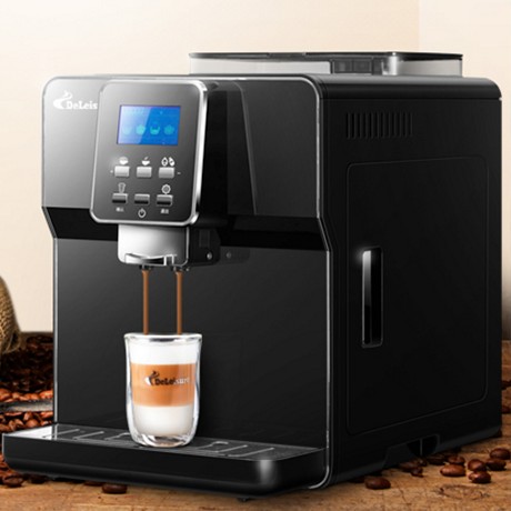 德颐黑色泵压式一键现磨咖啡机，双锅炉自动清洁智能冲泡机