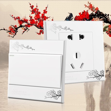 象牙白带花纹二三插插座，双喜10A五孔电源插座，型号: SMD-08