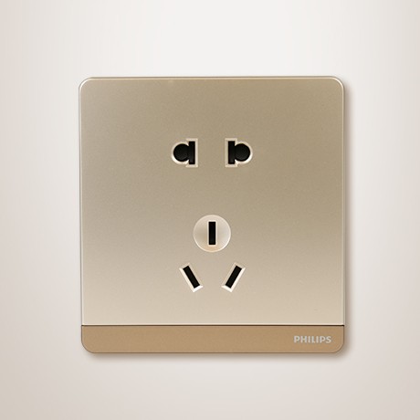 飞利浦香槟金电源插座，抗压耐高温五孔开关插座，多重防伪五金建材