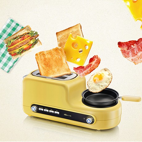小熊黄色带煎锅全自动面包机，蒸煎烙煎烤双槽早餐一体机