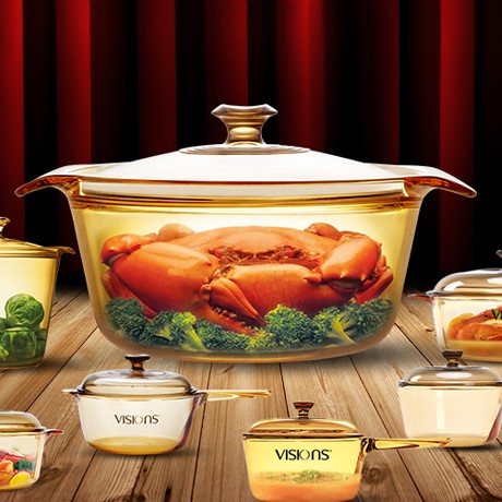 VISIONS晶彩透明圆形炖锅，高硼硅高温耐摔砂锅，多功能节能蒸锅