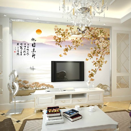 帝居大型高清壁画，背景墙无纺布壁纸，中式旭日东升3D手绘0041