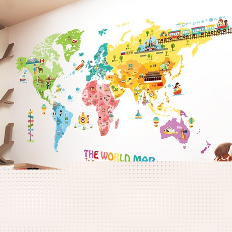 乐宅彩色世界地图平面墙贴，MM8007防水儿童房卡通墙画