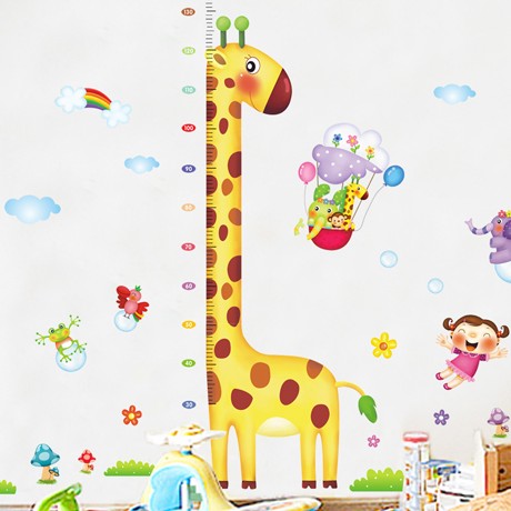 沃雅婴儿房背景墙动物贴纸，长颈鹿量身高动漫墙贴，可爱卡通装饰墙画