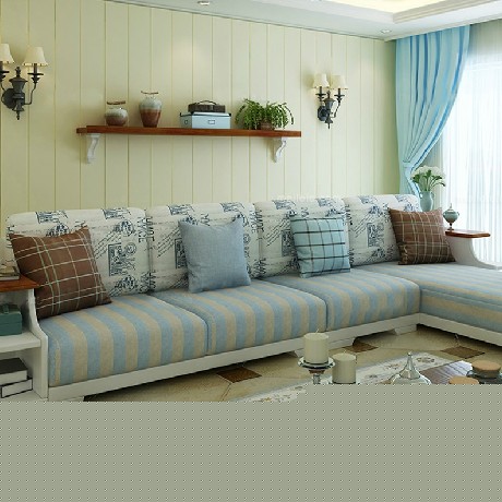 富妮卡斯L型木质沙发，地中海风情客厅转角沙发，蓝灰配色浪漫清新