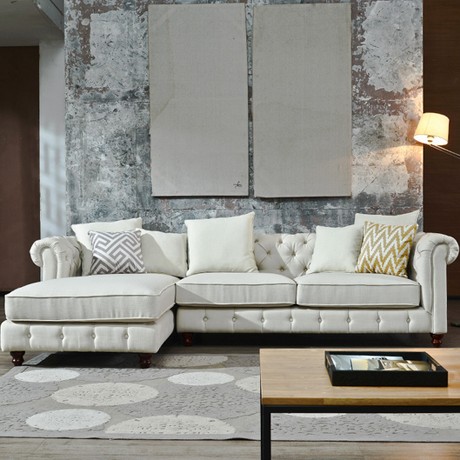 优梵艺术欧式奢华转角沙发，实木框架优质布艺材质，小户型L型沙发组合