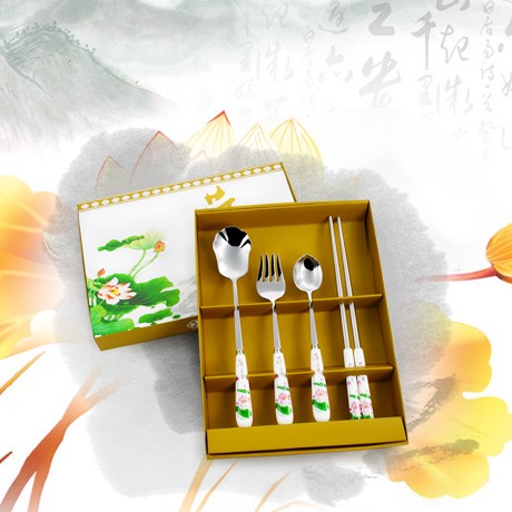 荷花陶瓷华典世通品牌叉勺筷套装，精美不锈钢礼品餐具，货号jh-1310