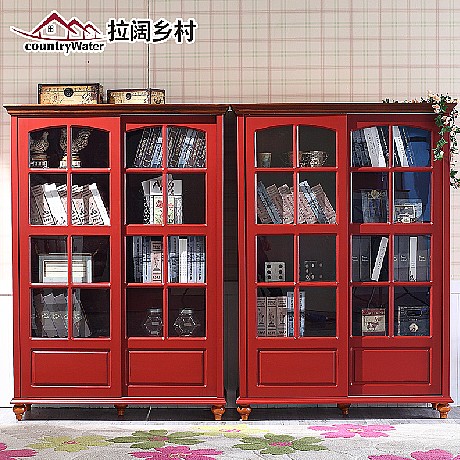 法贝瑞尔美式楸木书柜 AS05SG，乡村实木书架，两门书柜，玻璃门书柜带地中海田园风格的实木书柜