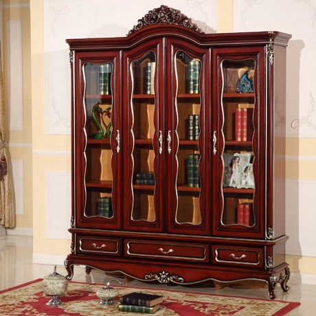 龙森复古欧式实木书柜，亮光描金红色组装书架，型号: 8801四门书柜